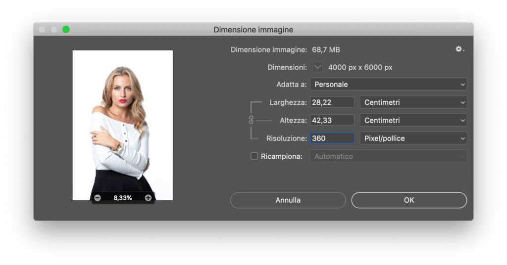 Dimensioni del nostro file a 360 DPI