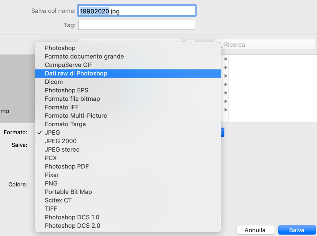 La scelta dei formati immagine dal menù salva di Photoshop