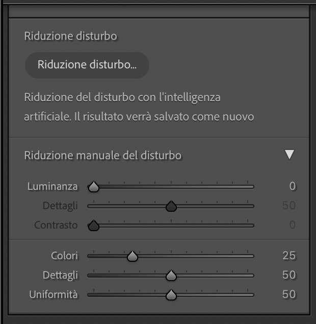 Il pannello di riduzione disturbo in Lightroom 12 con il nuovo pulsante